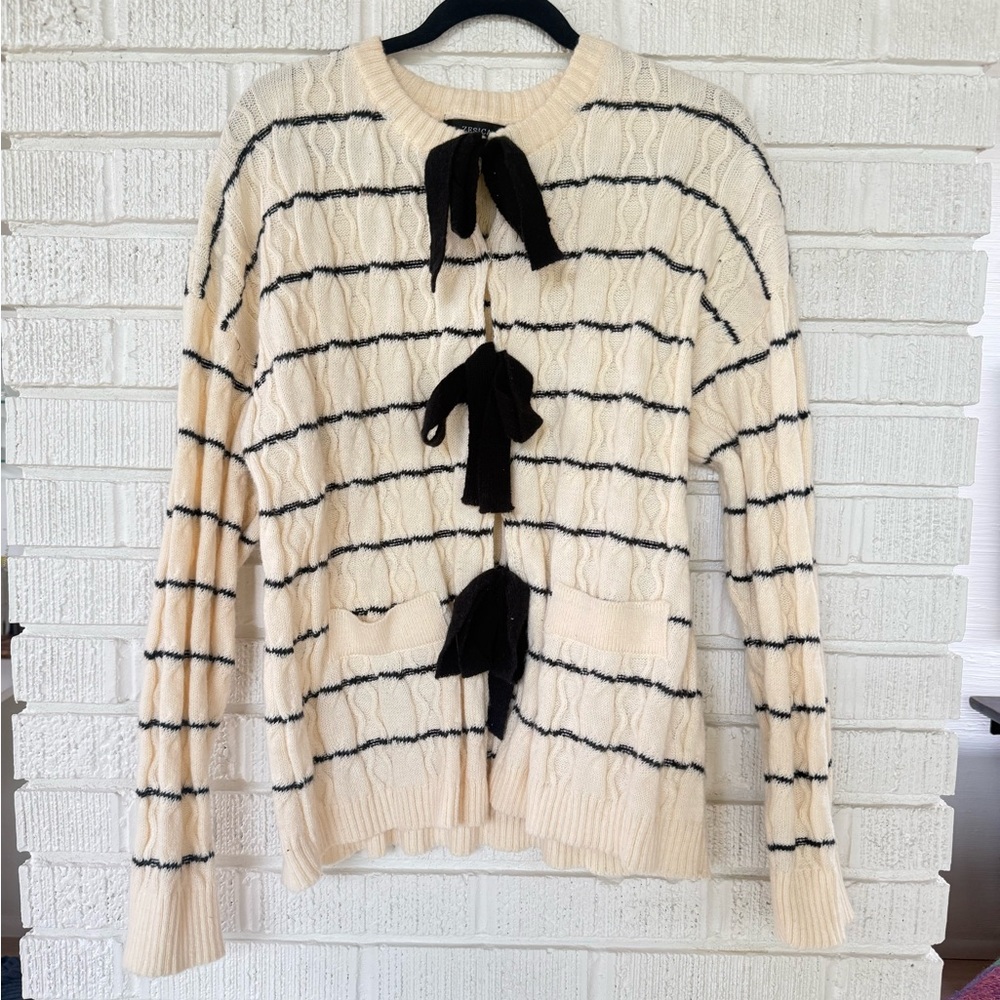 Cream and Black Striped Cardigan with Bow Accents